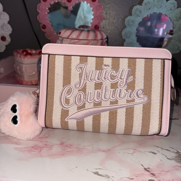 Juicy Couture Pink & Tan Striped Makeup Bag with Faux Fur Charm - Picture 2 of 7